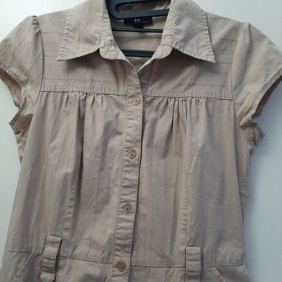 Iz Byer California Button Down Shirt Dress Tan Cotton Spandex Blend Medium - Picture 4 of 14
